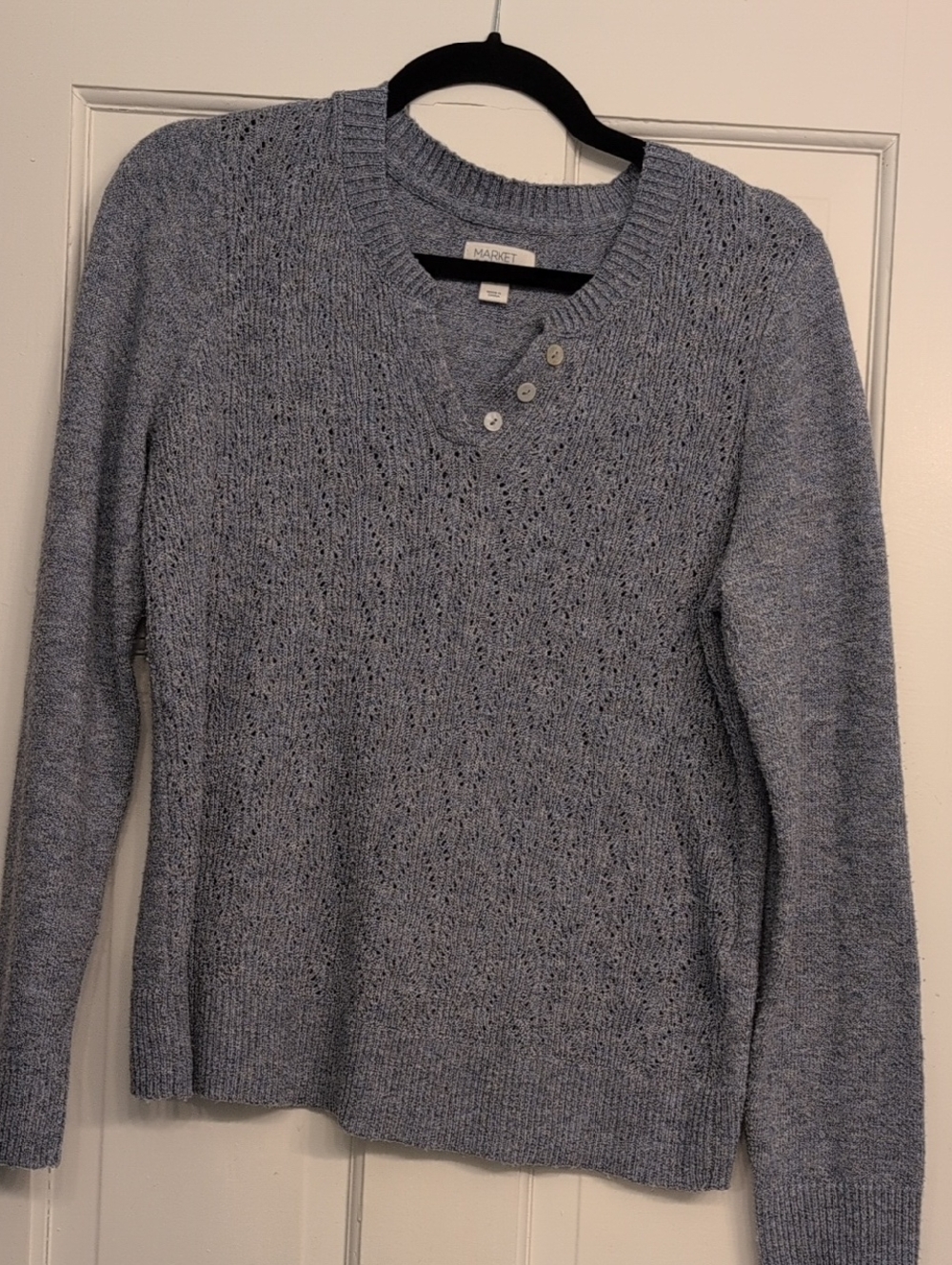 Market Spruce Blue-Gray Heather V-Neck Button Accent Women's Sweater